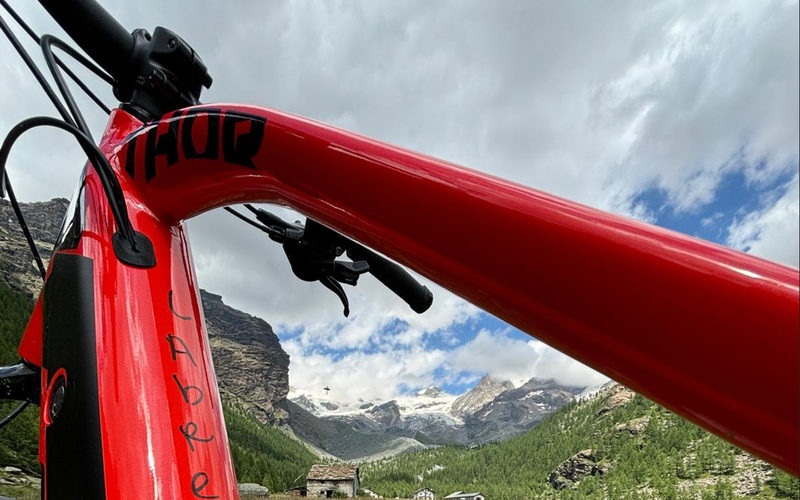 Telaio rosso con scritta nera THOR in montagna, esempio di nome personalizzato per MTB